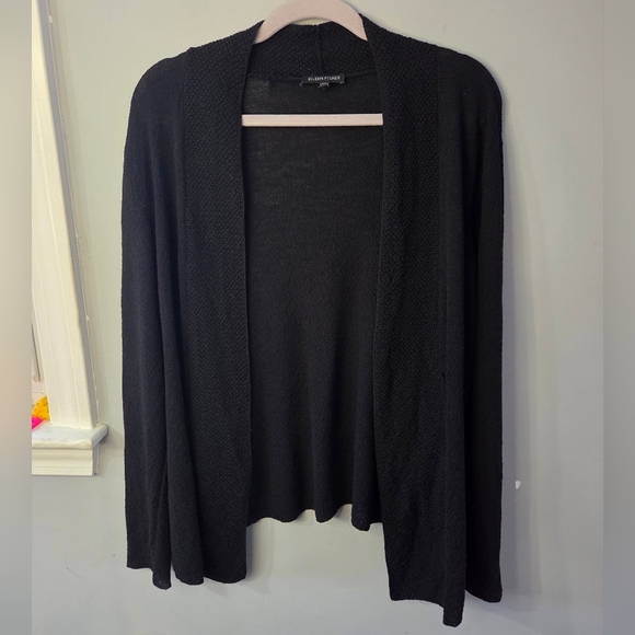 Eileen Fisher Sweaters - Eileen Fisher 100% Wool Black Open Front Cardigan Minimalist Classic *Flaw Large